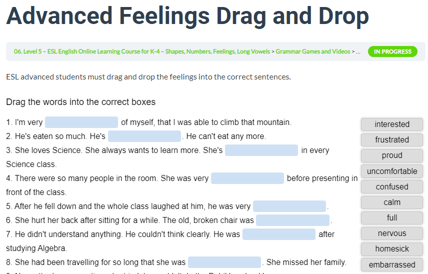 feelings reading comprehension drag and drop